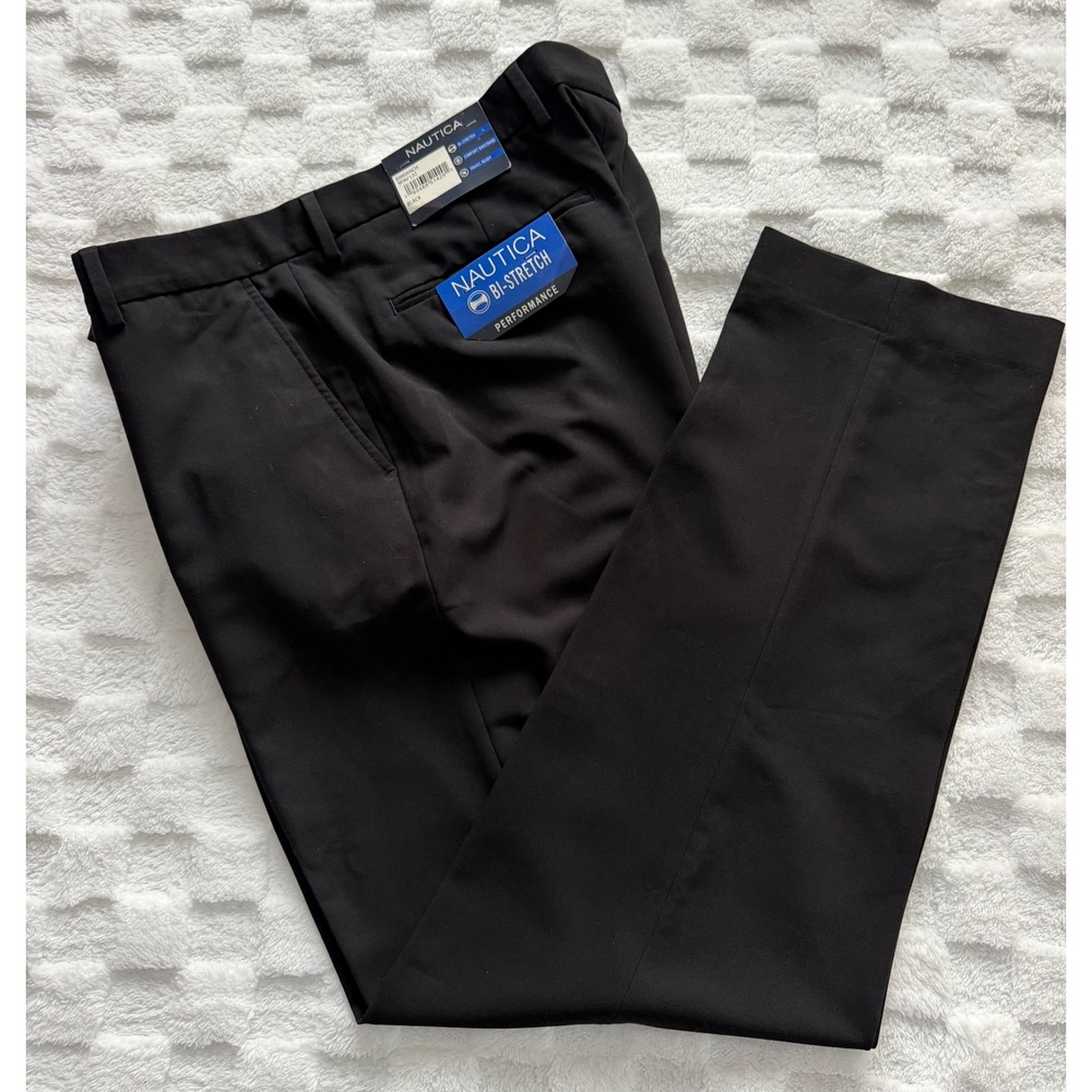 Nautica Mens Bi-Stretch Performance Dress Pants Black 36x32 Flat Front -NWT